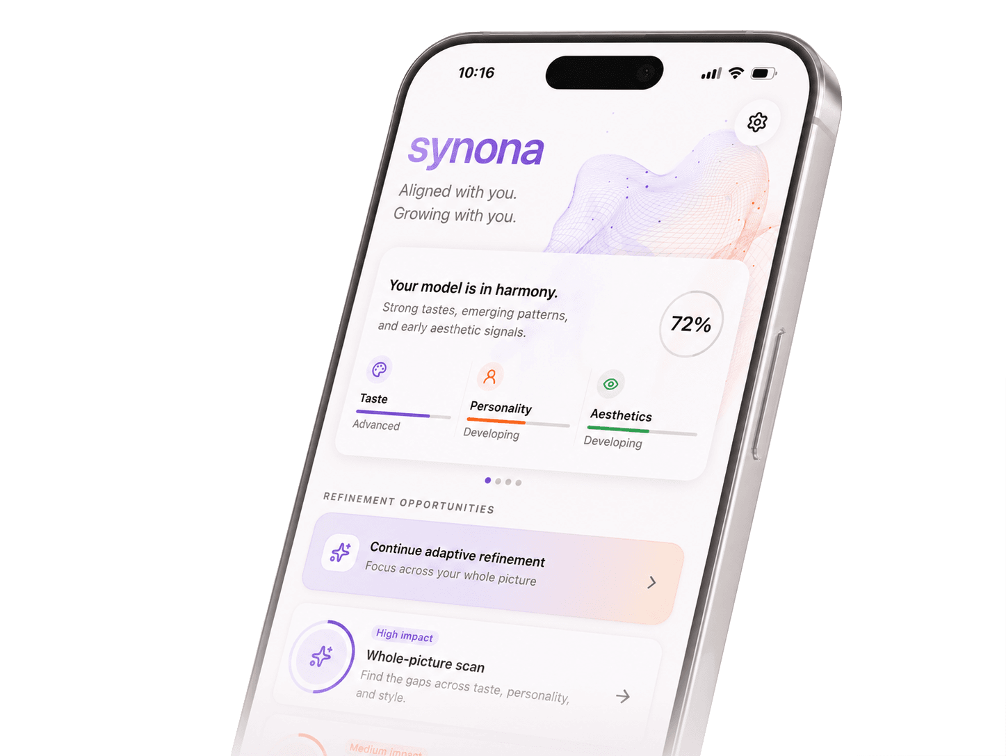 Synona app interface showing the user model in harmony